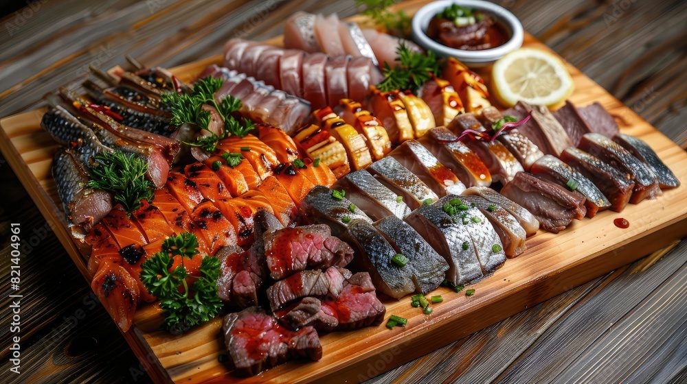High-angle perspective: Assorted fish, pork ribs, and beef slices arranged on a wooden serving board, tempting meat options from above. High-angle perspective: Assorted fish, pork ribs, and beef slices arranged on a wooden serving board, tempting meat options from above.