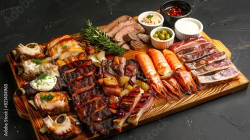 High-angle perspective: Assorted fish, pork ribs, and beef slices arranged on a wooden serving board, tempting meat options from above.