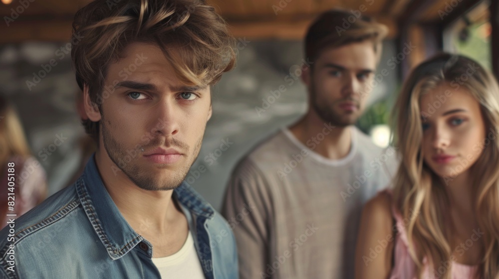Fototapeta premium young man with two young woman, love triangle, outdoors shot