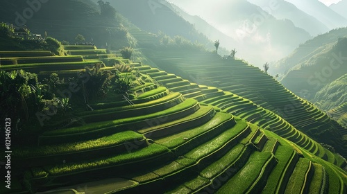 High-angle perspective: Rice terraces carved into a mountainside, a stunning display of farming ingenuity photo