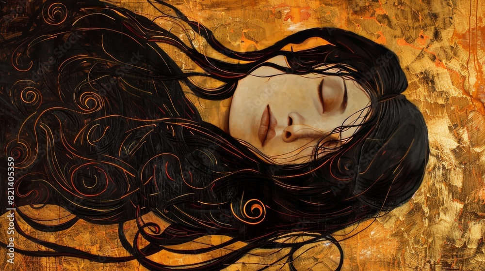 Sleeping woman with black hair in a golden dream Stock Illustration Adobe Stock