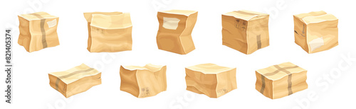 Crumpled Cardboard Box with Corrugated Sides as Packaging and Shipping Container Vector Set