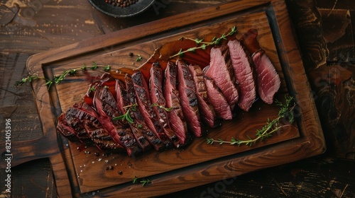 High-angle shot of a wooden cutting board with freshly sliced roast beef, showcasing culinary craftsmanship from above.