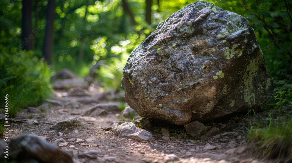 A large boulder resting on the trail requiring hikers to carefully navigate around it much like particles interacting with the Higgs field. A large boulder resting on the trail requiring hikers to carefully navigate around it much like particles interacting with the Higgs field.
