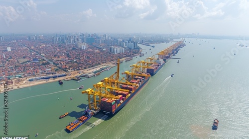 Aerial view of a bustling port with numerous cargo containers and cranes in a coastal city, showcasing the scale of maritime trade and urban structure