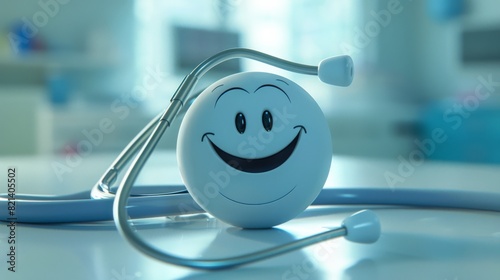 Smiling blue character with a stethoscope for healthcare and medical designs photo