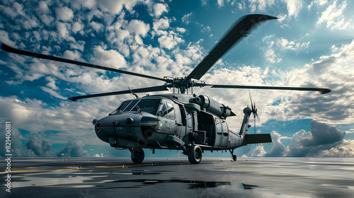 American utility helicopter Sikorsky UH-60 Black Hawk, isolated, sky background. Twin-engine military helicopter with M240 machine guns, air-to-ground missiles, Hydra rockets, bombs. Nato air force 3D photo