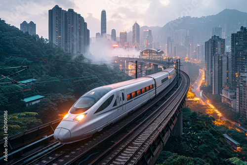 A high-speed train gliding along elevated tracks, connecting cities and regions with efficient rail travel. Concept of intercity mobility and train transportation. Generative Ai. #821406186