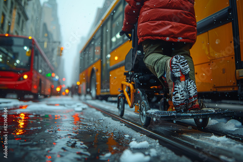 A person using a wheelchair-accessible ramp to board a public bus, highlighting inclusive transportation infrastructure. Concept of accessible mobility and universal design. Generative Ai.
