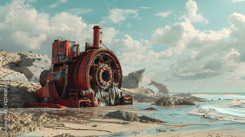 An ancient red mechanical engine runs aground on the beach, digital art style, generative AI photo