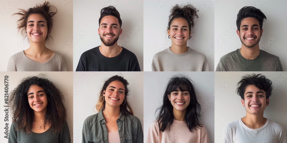 Obraz premium A series of photographs showing a happy man and woman in simple college student outfits against a white background, smiling and looking straight ahead. 