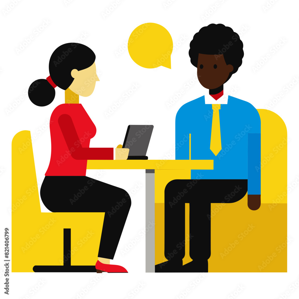 on a white background a business white woman is making a job interview to a  black man sitting in a yellow office
