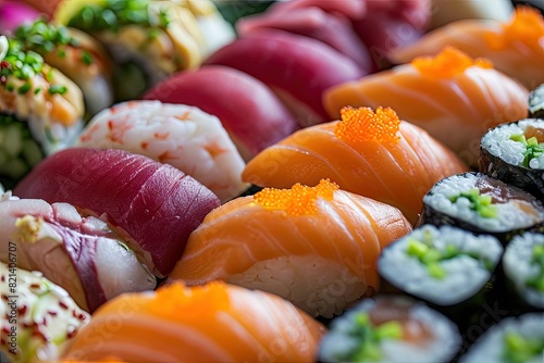 close-up details of a well-presented sushi platter