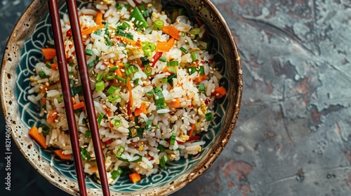 Overhead view of a traditional Asian rice dish served in a decorative bowl, culinary elegance. photo