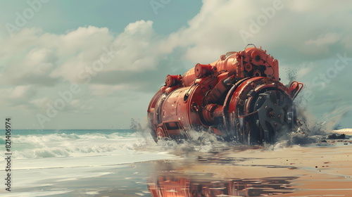 An ancient red mechanical engine runs aground on the beach, digital art style, generative AI photo