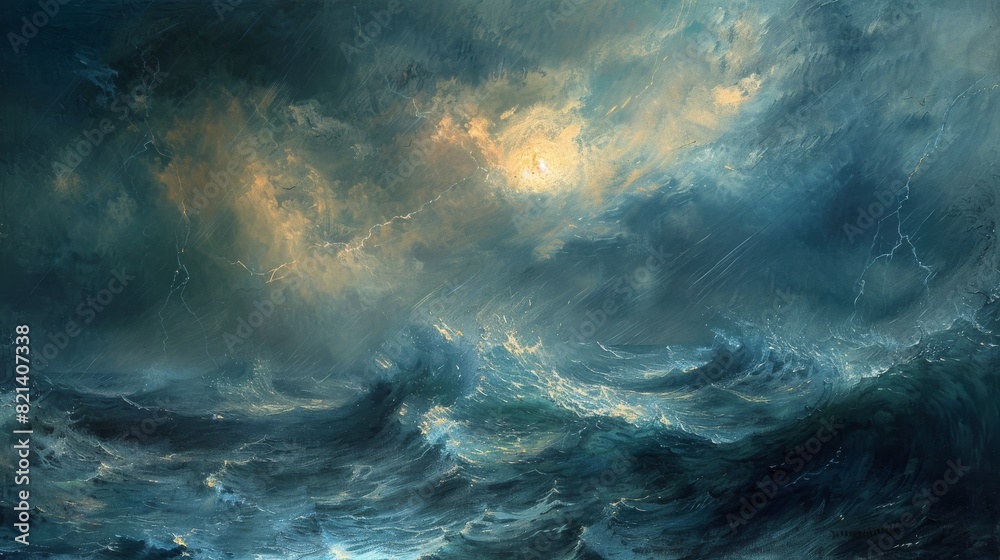 Fototapeta premium Stormy ocean waves and dramatic sky for nature and energy themed designs