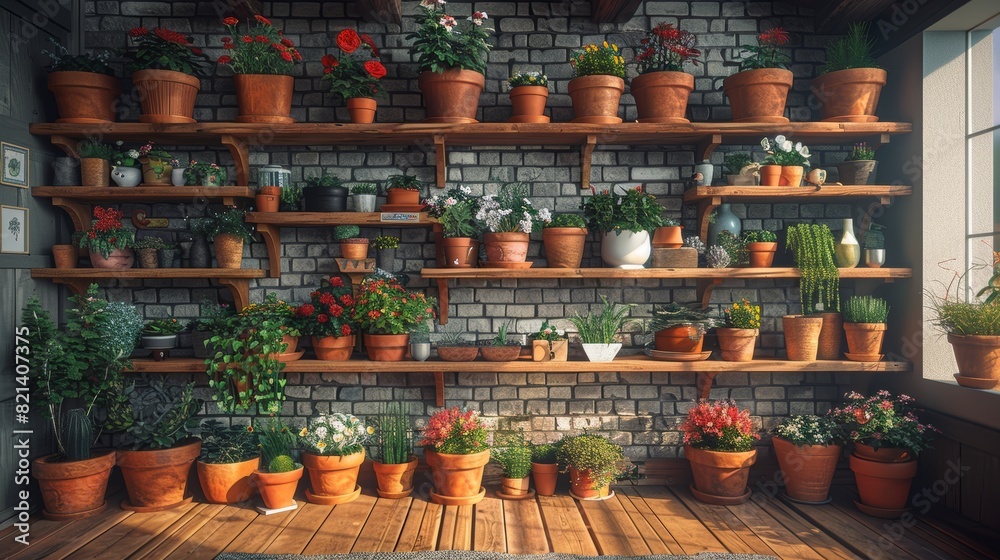 A charming, naturally lit indoor garden with a variety of vibrant potted plants systematically arranged on wooden shelves against a rustic brick wall A charming, naturally lit indoor garden with a variety of vibrant potted plants systematically arranged on wooden shelves against a rustic brick wall