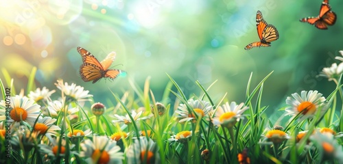 Beautiful spring background with daisies and grass, butterflies in the sunlight, banner, panorama Generative AI © SKIMP Art