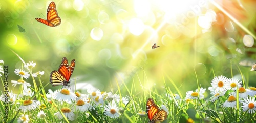 Beautiful spring background with daisies and grass  sunlight rays and butterflies Space for text Spring meadow Generative AI