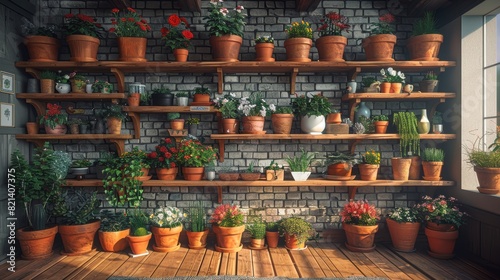 A charming, naturally lit indoor garden with a variety of vibrant potted plants systematically arranged on wooden shelves against a rustic brick wall photo