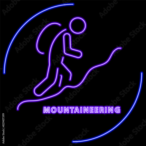 mountaineering neon sign, modern glowing banner design, colorful modern design trend on black background. Vector illustration.