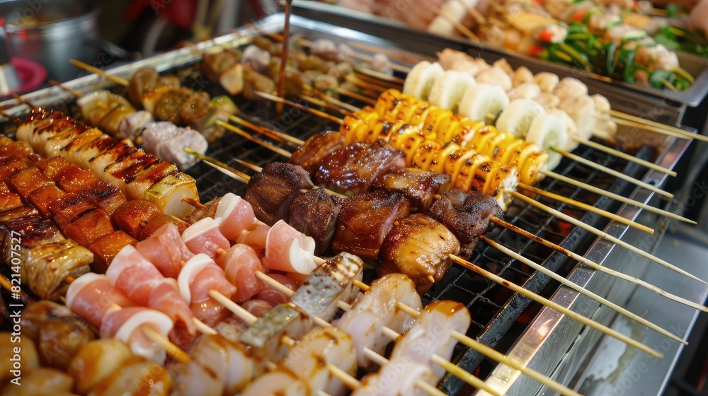 tempting array of skewered meat and fish, ready for the barbecue. tempting array of skewered meat and fish, ready for the barbecue.