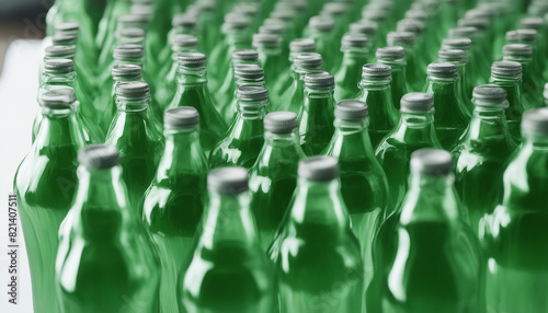green colored glass soda bottles lined up side by side, production line 