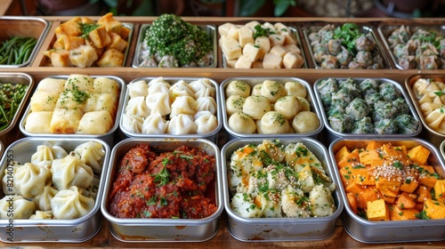 A vibrant and diverse selection of delectable international dishes beautifully arranged in metal containers, showcasing an array of colorful and appetizing foods
