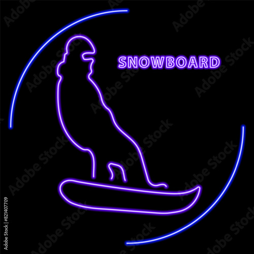 snowboard neon sign, modern glowing banner design, colorful modern design trend on black background. Vector illustration.