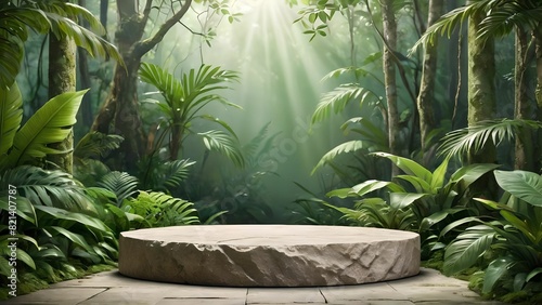 Background podium 3D stone on a jungle background. 3D podium  stand background  stage  stage rendering minimal design.