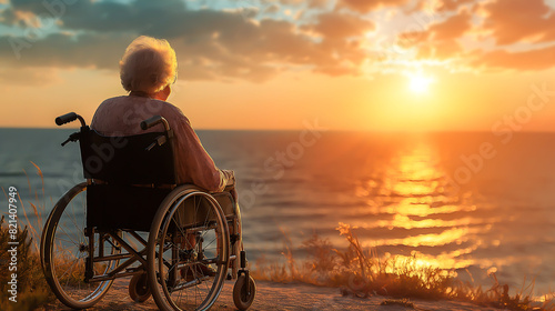 Back view of an elderly woman sitting in a wheelchair, gazing at the sunset by the sea