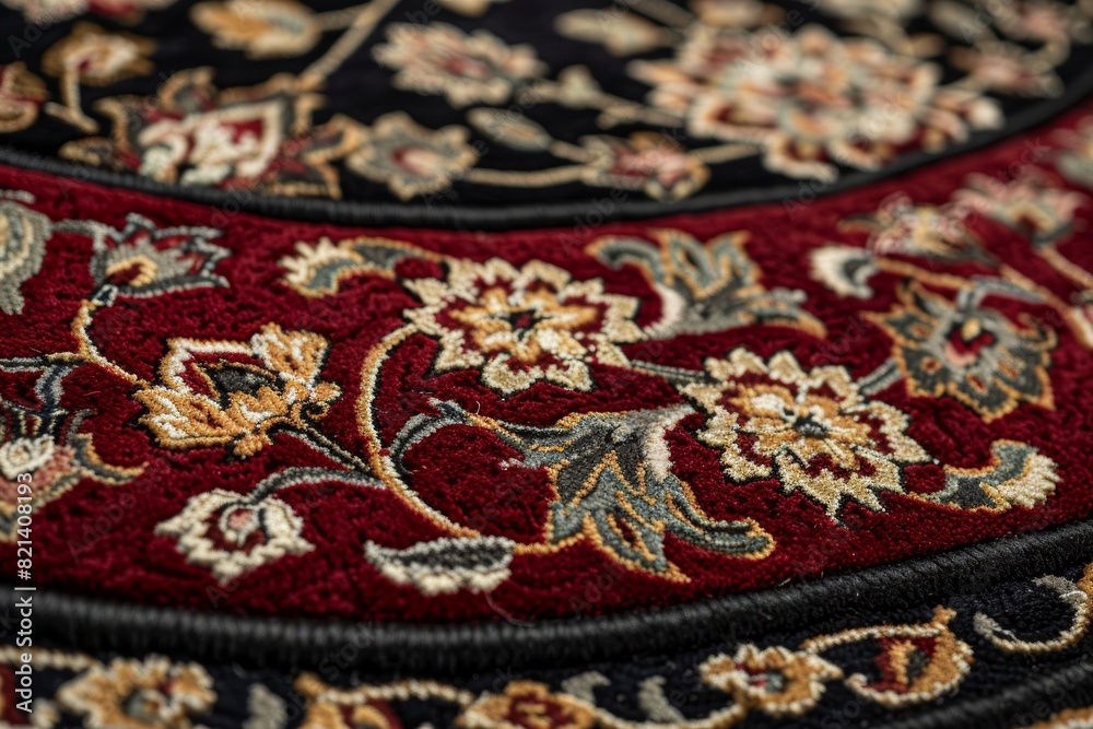 A close-up detailed image of a traditional ornate rug featuring intricate floral patterns in rich red, black, and beige colors, showcasing fine craftsmanship and design A close-up detailed image of a traditional ornate rug featuring intricate floral patterns in rich red, black, and beige colors, showcasing fine craftsmanship and design