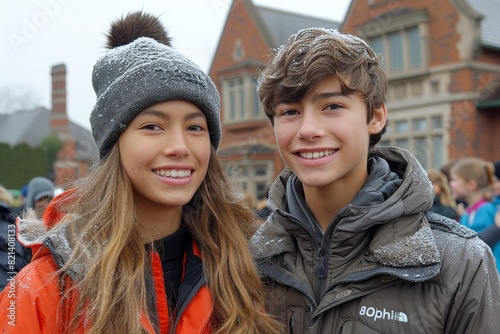 A cheerful young girl and boy wearing winter jackets and beanies  smiling amid a snowy landscape with architectural buildings in the background