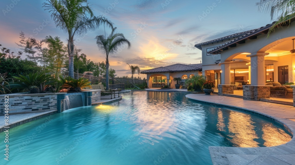 Cozy and relaxing atmosphere in the pool area during a sunset. generative ai Cozy and relaxing atmosphere in the pool area during a sunset. generative ai