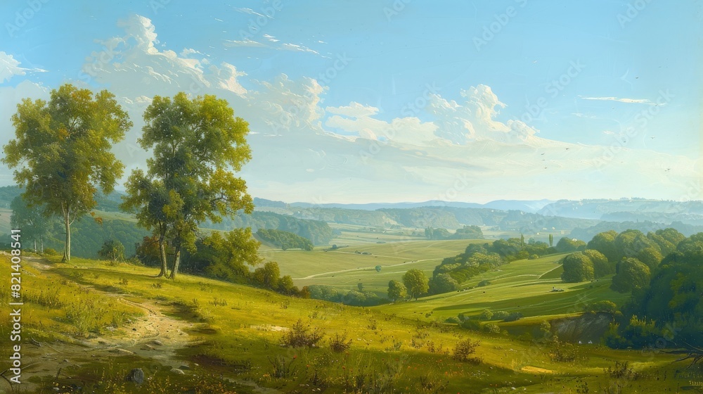 Fototapeta premium Summer meadow landscape with a path and trees