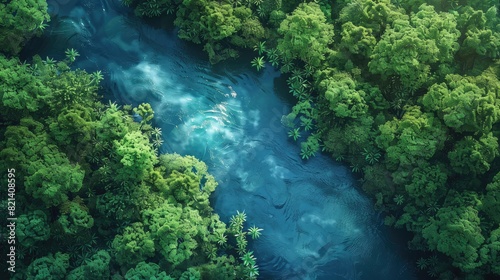 Top-down view of a pristine river coursing through a dense jungle, showcasing the tranquility of nature from above.