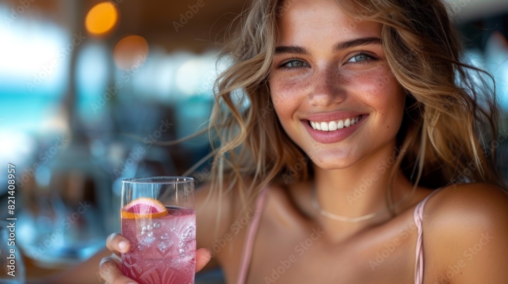 Smiling woman enjoying a refreshing pink drink at an outdoor summer caf?, showcasing a joyful moment with sunlit ambiance and casual vibes Smiling woman enjoying a refreshing pink drink at an outdoor summer caf?, showcasing a joyful moment with sunlit ambiance and casual vibes