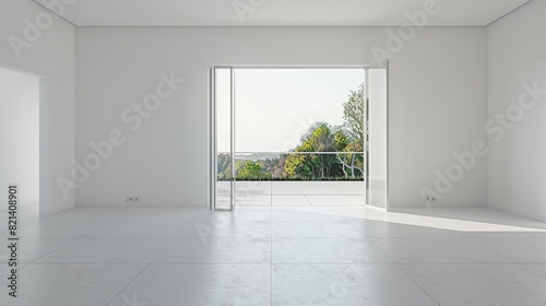 Minimal style modern white empty room with open sliding door to terrace overlooking. Generative Ai