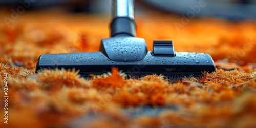 A vacuum cleaner nozzle efficiently removes vibrant orange autumn leaves from a plush carpet, highlighting the cleaning efficiency of modern appliances photo