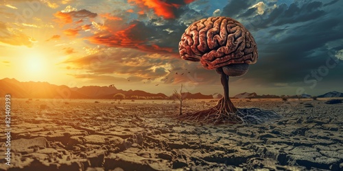 A large human brain in the desert. Climate change threatens brain health. A surrealist sculpture, figurativism. 3D eco illustration. High quality photo photo
