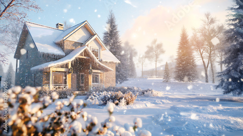 The falling heavily with snow on houses, Snow covered fall on house on winter