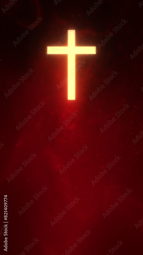 Fototapeta premium Liturgic red particle background with golden Roman Church Crucifix. Christian Cross on ceremonial copy space 3D illustration. Passion Sermon on Pentecost, Confirmation, Good Friday, and Palm Sunday.
