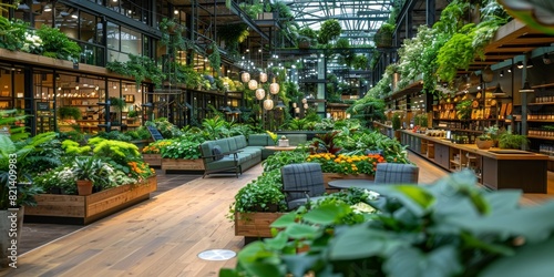 A modern botanical-inspired cafe and bookstore with lush green plants, cozy seating, and wooden decor, offering a serene and inviting atmosphere for relaxation and leisure