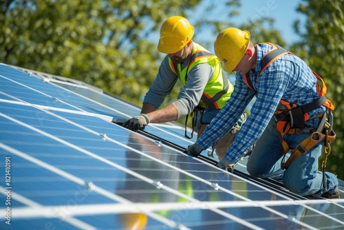 Wallpaper Mural Construction workers installing solar panels Torontodigital.ca