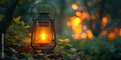 A vintage lantern with a glowing light creating a warm ambiance amidst lush green foliage in a forest setting at dusk, with bokeh background effects