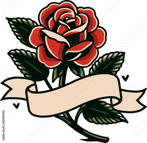 Classic Old School Rose and Banner Tattoo. add your custom Text to this Traditional rose and banner scroll tattoo flash design.