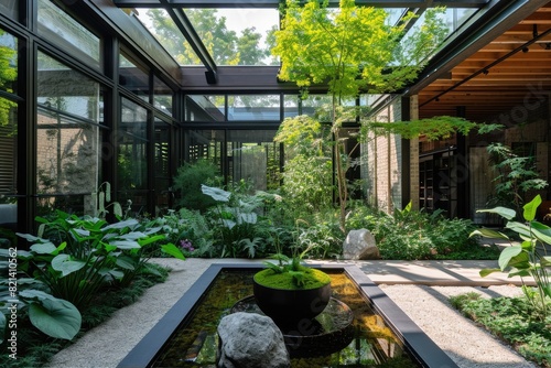 Courtyard garden surrounded by a glass atrium © SaroStock