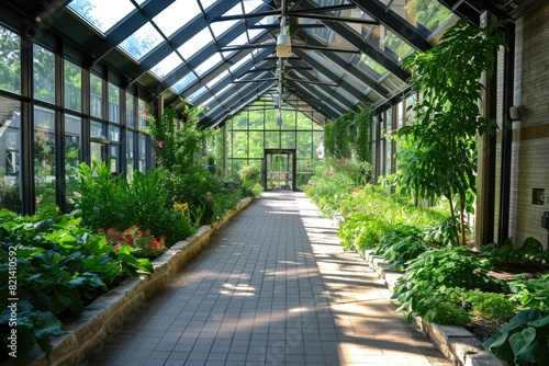 Courtyard garden surrounded by a glass atrium
