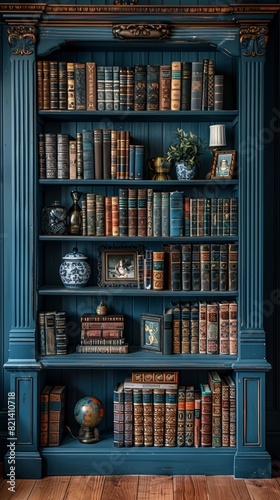 An intricately designed  vintage blue bookshelf filled with an assortment of antiquarian books  decorative artifacts  a globe  and plants in a classic  cozy library setting