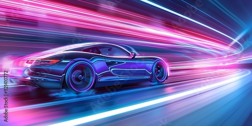 Neon cyber city at night  Futuristic car speeding with glowing light trails. Concept Neon cityscapes  Futuristic cars  Glowing light trails  Cyberpunk aesthetics  Night photography
